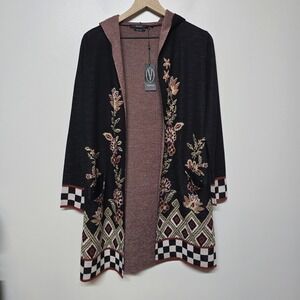 Vertigo Black Multi Hooded Knit Cardigan Jacket XS Floral‎ Boho Pockets NWT $328